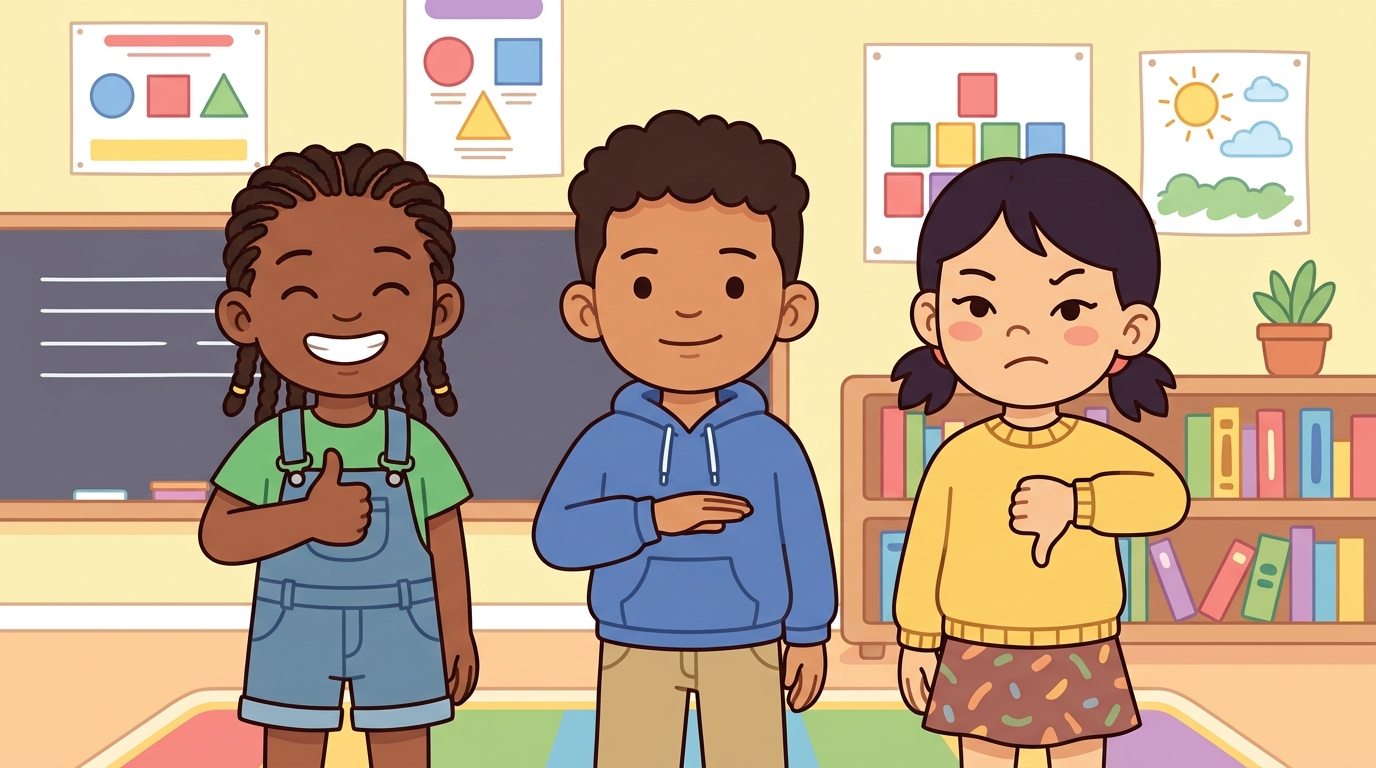 Three classmates showing positive (thumbs-up, big smile), neutral (flat hand, calm face), and negative (thumbs-down, frown) reactions in a classroom